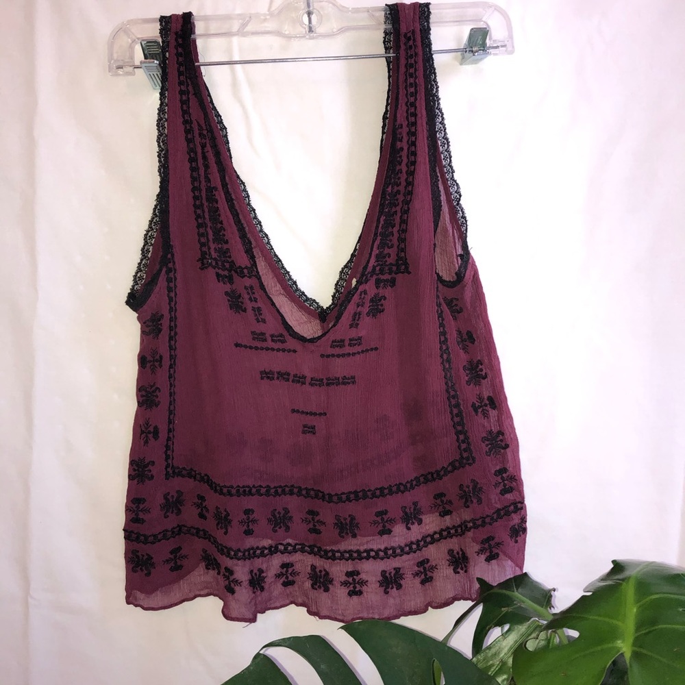 Sheer maroon and black embroidered crop top